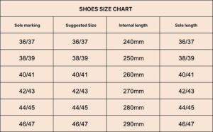 Side wooly slippers size chart